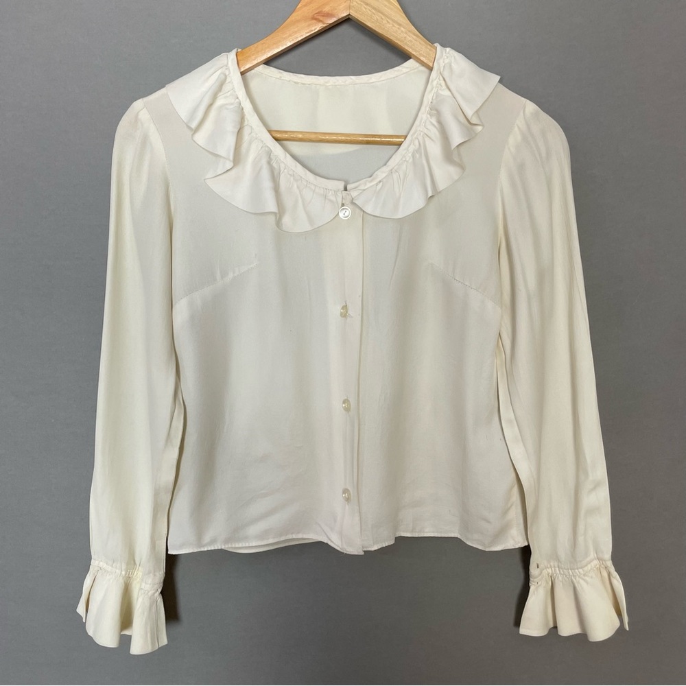 Vintage Blouse Ruffle Neckline Cuffs FLAWS Off-White Cream Button-Up Top Twee